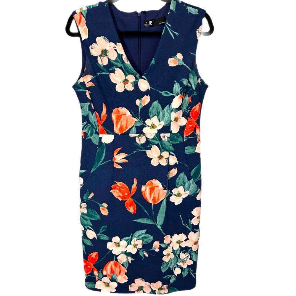 Leslie Fay Women Blue Hawaiian V-Neck Sleevless Back Zip A-line Sheath Dress 4
